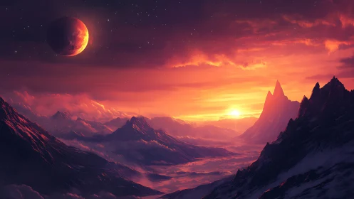 Radiant alien sunrise bathes misty mountains in quiet magic