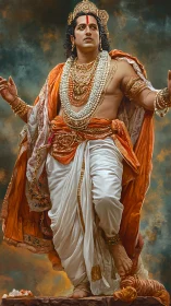 Regal deity in flowing orange robes steps forward with grace