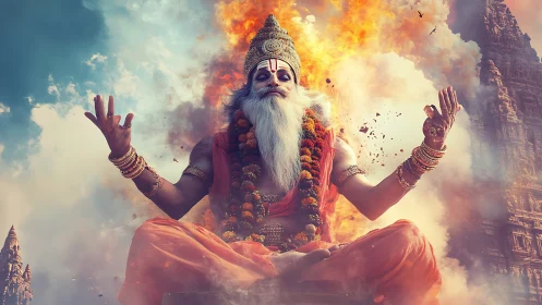 Seated robed figure in meditative pose amid temple flames.