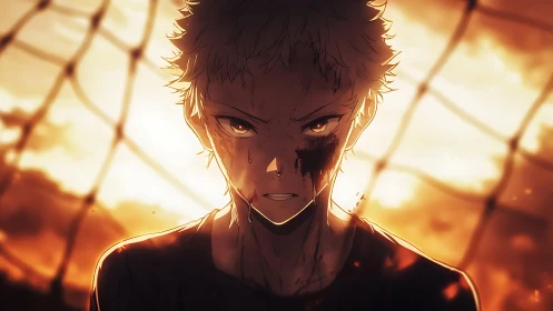 Determined anime athlete stands bloodied against a burning sky