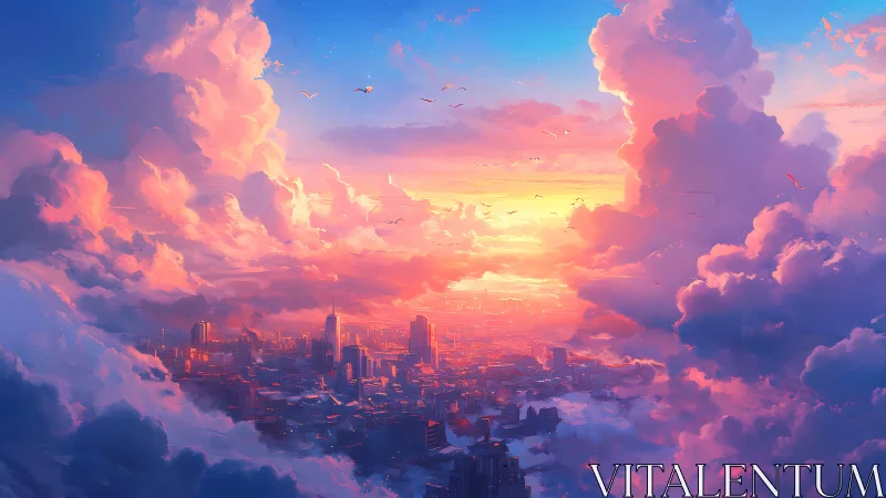 Sunlit clouds rise over a futuristic city at dawn.
