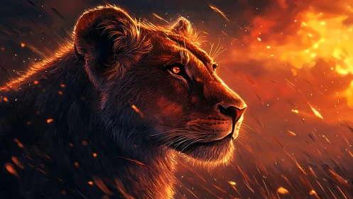 Lion&rsquo;s quiet strength glowing in fiery evening light.