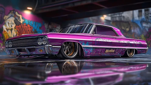 Lowrider coupe in neon-lit alley with reflective wet asphalt surface