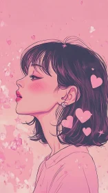 Softly dreaming girl glows in a pink cloud of gentle hearts