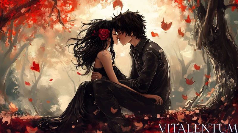 Two figures embrace under autumn trees with falling red leaves