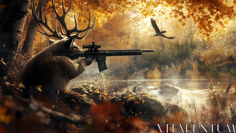 Antlered bear steadies a sniper rifle in misty autumn woods