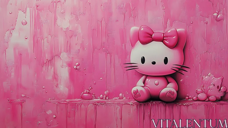 Pink cat figurine sits against textured dripping wall