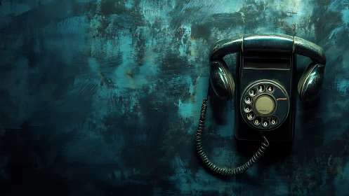 Vintage rotary phone glowing against a moody teal wall.