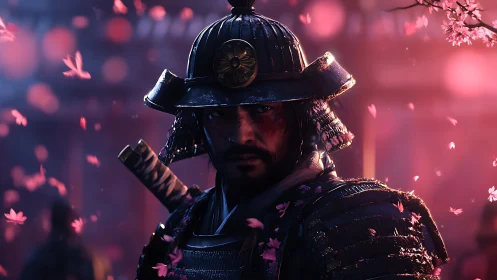 Samurai in cherry blossoms, standing between dusk and resolve.