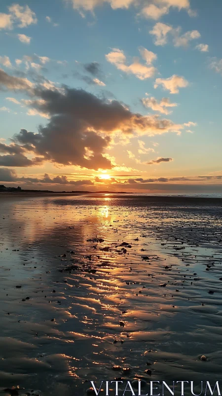 Low-tide coastal sunset with reflective wet sand surface.