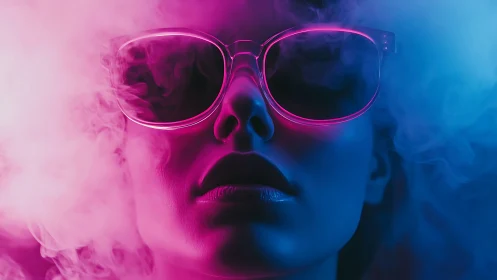 Neon-lit sunglasses in cinematic pink and blue haze.