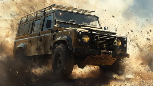 Off road expedition truck blasting through desert dust.