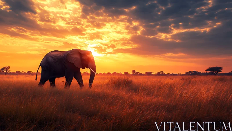 Golden sunset welcomes a lone elephant across warm grasslands