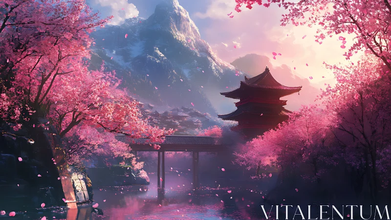 Blossom winds escort a crimson pagoda through pastel dawn