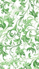 Green leaf swirl seamless pattern on white background.