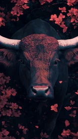 Gentle midnight bull framed by drifting crimson petals.