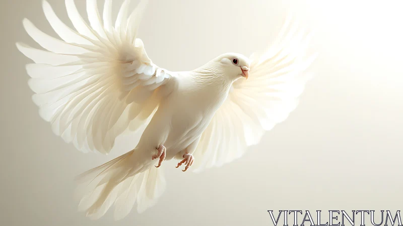 Elegant white dove in flight with soft light and minimal background.