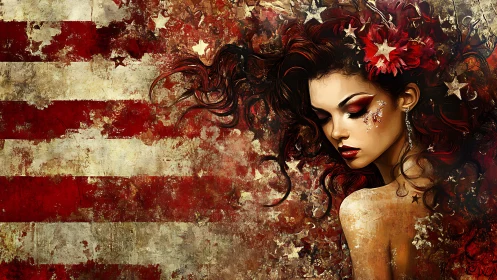Patriotic portrait merges grunge flag textures with stylized beauty