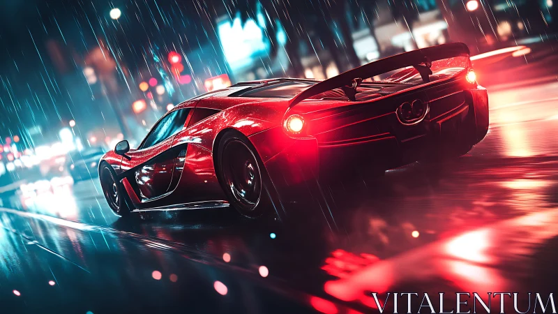 Cyberpunk supercar in neon rain, dynamic rear perspective.