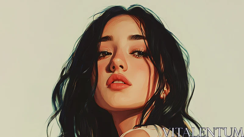 Digital portrait of woman with dark hair and neutral gaze.