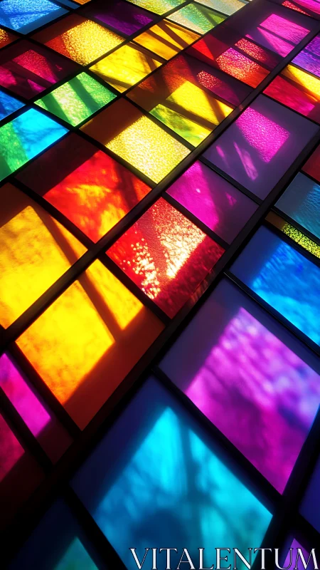 Oblique grid of stained glass panes channels saturated light