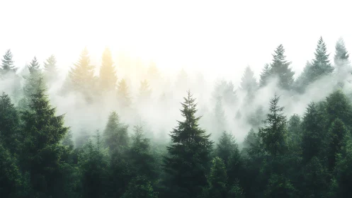 Misty Pine Forest at Sunrise in Serene, Dreamlike Landscape Style.