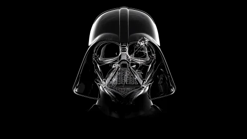 Dark sci fi helmet glows with sharp chrome reflections in void