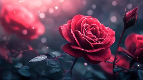 Red roses glistening with dewdrops against blurred bokeh.