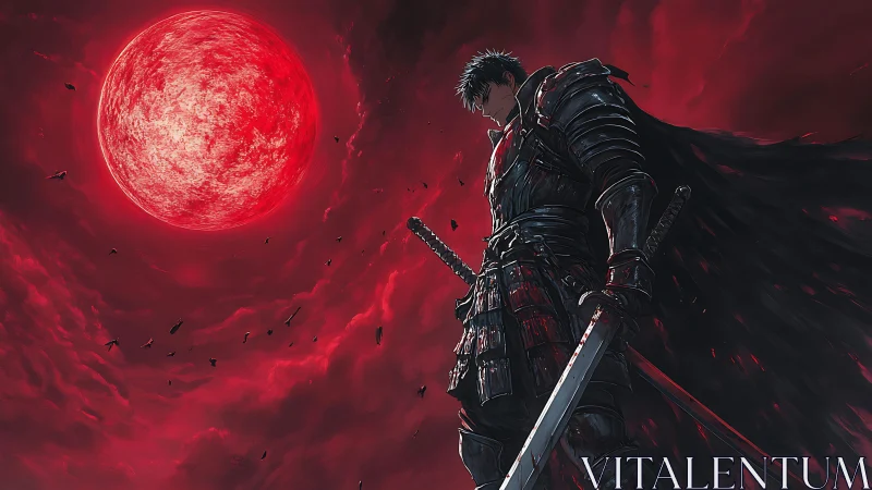 Lone armored swordsman stands beneath a raging crimson sun.
