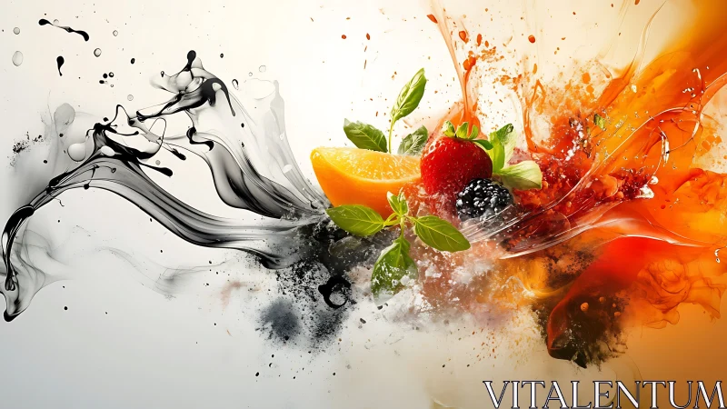 Fruit fireworks colliding with monochrome ink waves.