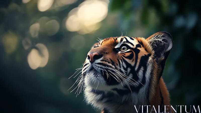 Forest-starlit tiger gazes upward, whiskers catching twilight.