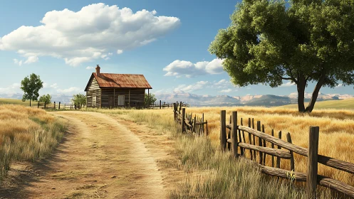 Rural dirt road, wooden cabin and fences in dry grassland.