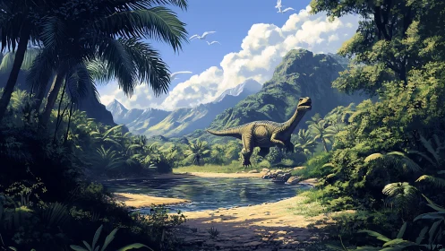 Dinosaur stands by jungle lagoon under bright mountain sky.