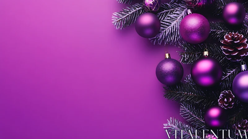 Purple Christmas baubles on evergreen branches with space.