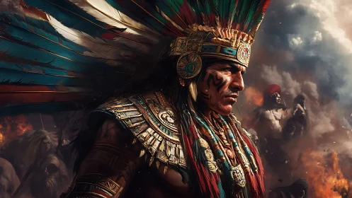 Warrior chief in ornate feathered headdress amid battle storm.