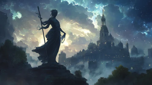 Silhouetted goddess statue overlooking luminous fantasy city