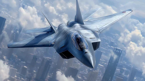 Futuristic twin-engine stealth jet over high-altitude cityscape