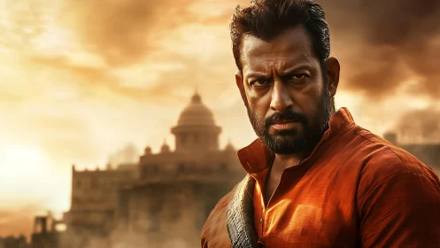 Intense man in orange shirt before historic palace at dusk.