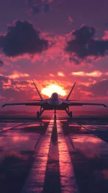 Stealth jet silhouette on wet runway at cinematic sunset sky.