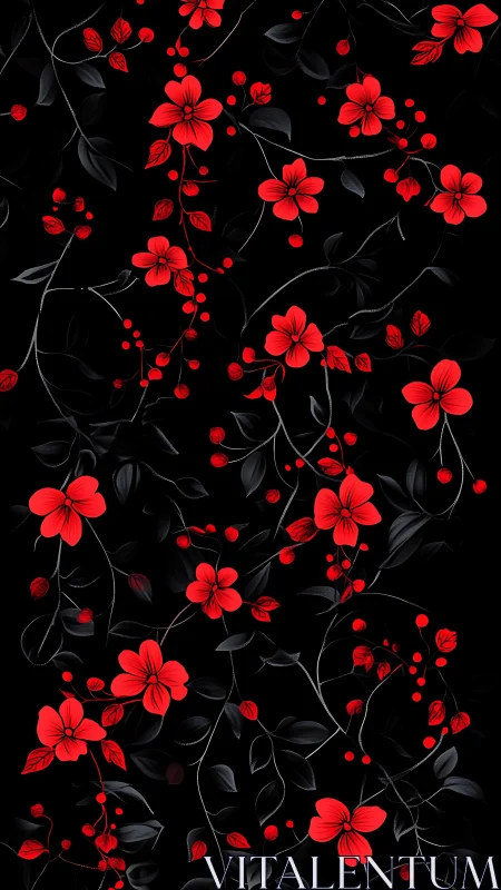 Red Floral Botanical Pattern Against Deep Black Negative Space.