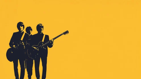 Bold trio of guitarists stands united against bright yellow