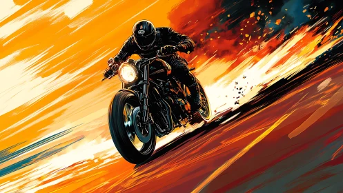 Motorcycle rider cuts blazing trail across abstract highway.