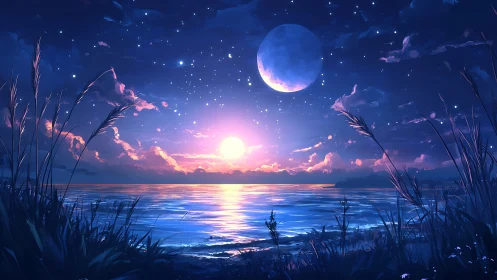 Bioluminescent shoreline under dual celestial twilight sky.