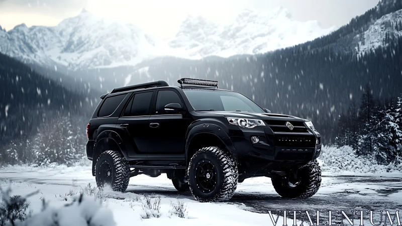 Photorealistic black off-road SUV in alpine snow environment.