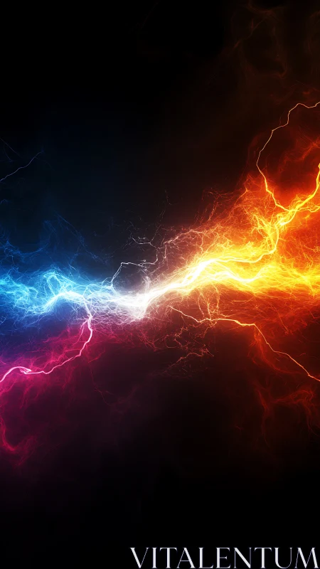 Racing arcs of blue and orange energy meet in vivid balance