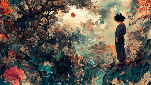 Solitary anime figure surveying turbulent painted forestscape.