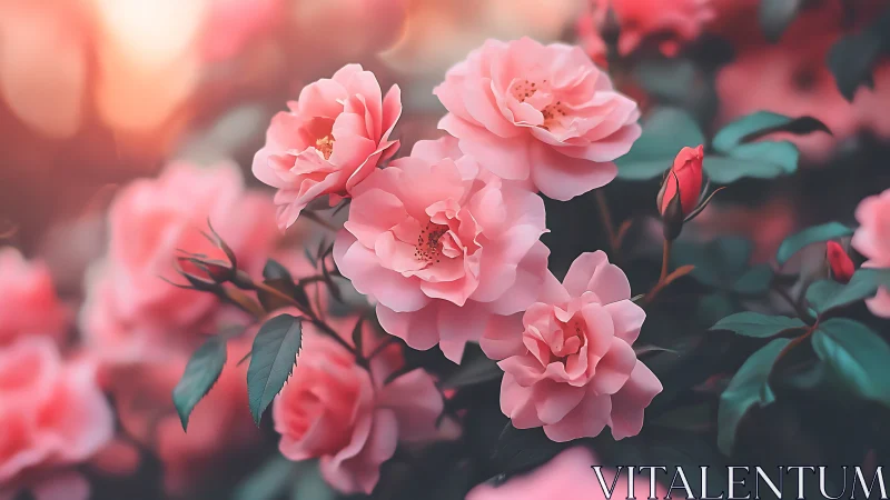 Pink garden roses with foliage in soft sunlight.