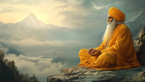 Himalayan sage in chromatic saffron meditation, volumetric light.