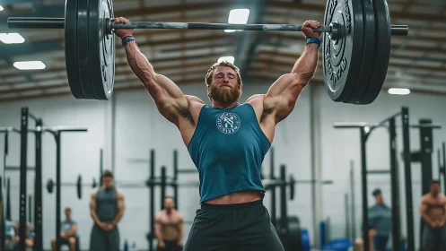 Bearded athlete performing heavy barbell overhead press.