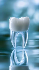 Translucent tooth sculpture with reflective liquid surface.